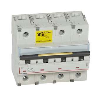 Disjoncteur DX³10000 16kA arrivée haut/départ bas vis 4P 100A courbe C - 6 mod|Legrand-LEG409363