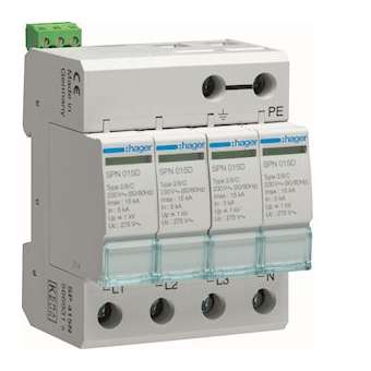 Parafoudre 4P débrochable 15KA type 2 avec voyant fin de vie|Hager-HAGSPN415D