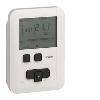 Thermostat ambiance programmable digital chauf eau chaude 2 fils 7j ECO à piles|Hager-HAGEK570