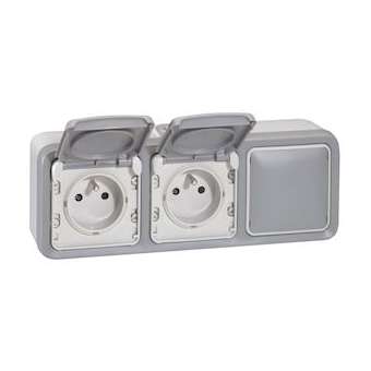Double prise de courant + obturateur Plexo complet apparent - Gris|Legrand-LEG069909