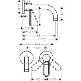 Mit lavabo encastré mural, bec 165mm, bonde à écoulement libre chromé brossé|Hansgrohe-HA338121260