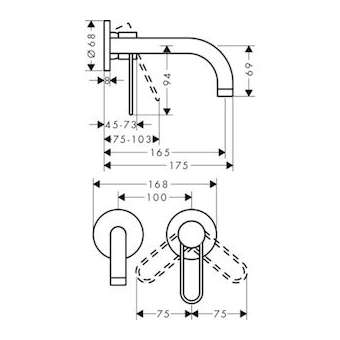 Mit lavabo encastré mural, bec 165mm, bonde à écoulement libre nickel poli|Hansgrohe-HA338121830