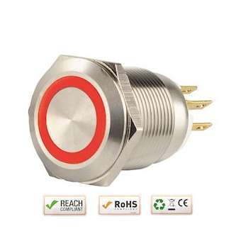 Bouton poussoir acier inox diam. 19 mm Halo rouge 12V DC Contact NO+NC (C)|-IZYSS19R12C