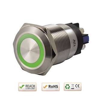 Bouton poussoir acier inox diam. 19 mm Halo vert 12V DC Contact NO+NC (V)|-IZYSS19G12