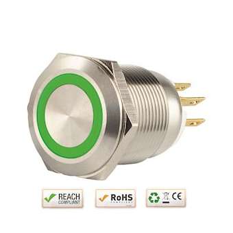Bouton poussoir acier inox diam. 19 mm Halo vert 12V DC Contact NO+NC (C)|-IZYSS19G12C