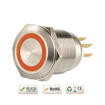 Bouton poussoir acier inox diam. 19 mm Halo orange 12V DC Contact NO+NC (C)|-IZYSS19O12C