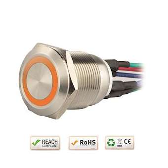 Bouton poussoir acier inox diam. 19 mm Halo orange 12V DC Contact NO+NC (F)|-IZYSS19O12W