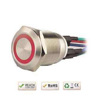 Bouton poussoir acier inox diam. 19 mm Halo rouge 12V DC Contact NO+NC (F)|-IZYSS19R12W