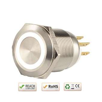 Bouton poussoir acier inox diam. 19 mm Halo blanc 12V DC Contact NO+NC (C)|-IZYSS19W12C