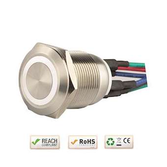 Bouton poussoir acier inox diam. 19 mm Halo blanc 12V DC Contact NO+NC (F)|-IZYSS19W12W