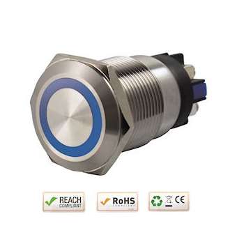 Bouton poussoir acier inox diam. 19 mm Halo bleu 24V DC Contact NO+NC (V)|-IZYSS19B24