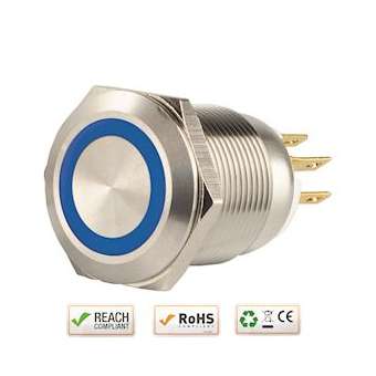 Bouton poussoir acier inox diam. 19 mm Halo bleu 12V DC Contact NO+NC (C)|-IZYSS19B12C