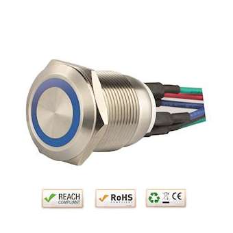 Bouton poussoir acier inox diam. 19 mm Halo bleu 12V DC Contact NO+NC (F)|-IZYSS19B12W