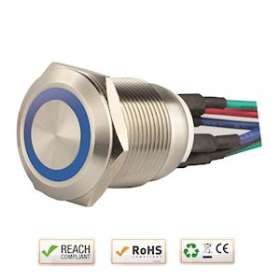 Bouton poussoir acier inox diam. 19 mm Halo bleu 12V DC Contact NO+NC (F)|-IZYSS19B12W